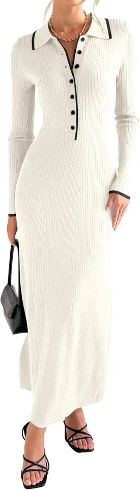 Langwyqu Womens Knit Long Sweater Dress Button V Neck Collared Long Sleeve Ribbed Bodycon Pullover 2024 Fall Maxi Dresses