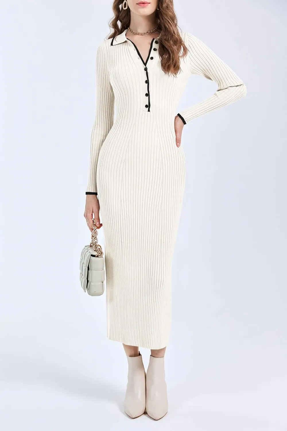 Langwyqu Womens Knit Long Sweater Dress Button V Neck Collared Long Sleeve Ribbed Bodycon Pullover 2024 Fall Maxi Dresses