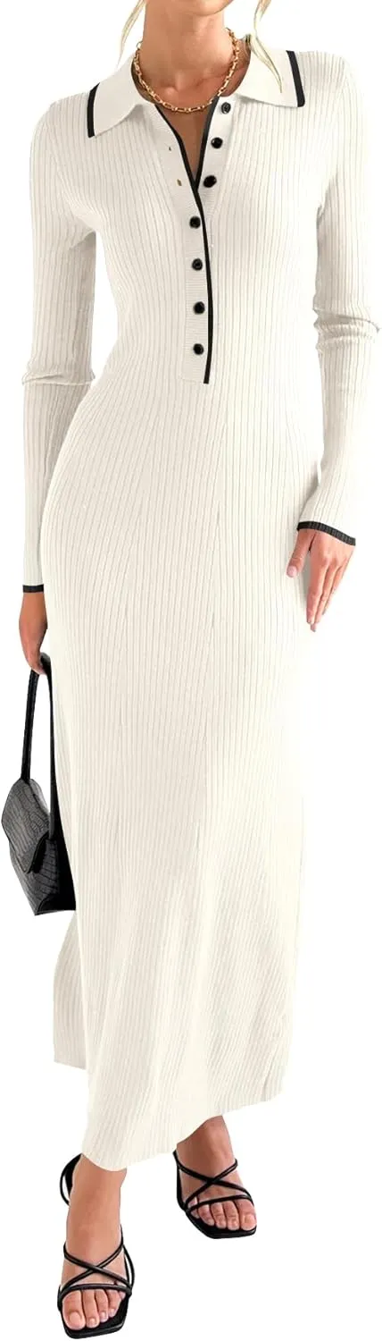 Langwyqu Womens Knit Long Sweater Dress Button V Neck Collared Long Sleeve Ribbed Bodycon Pullover 2024 Fall Maxi Dresses