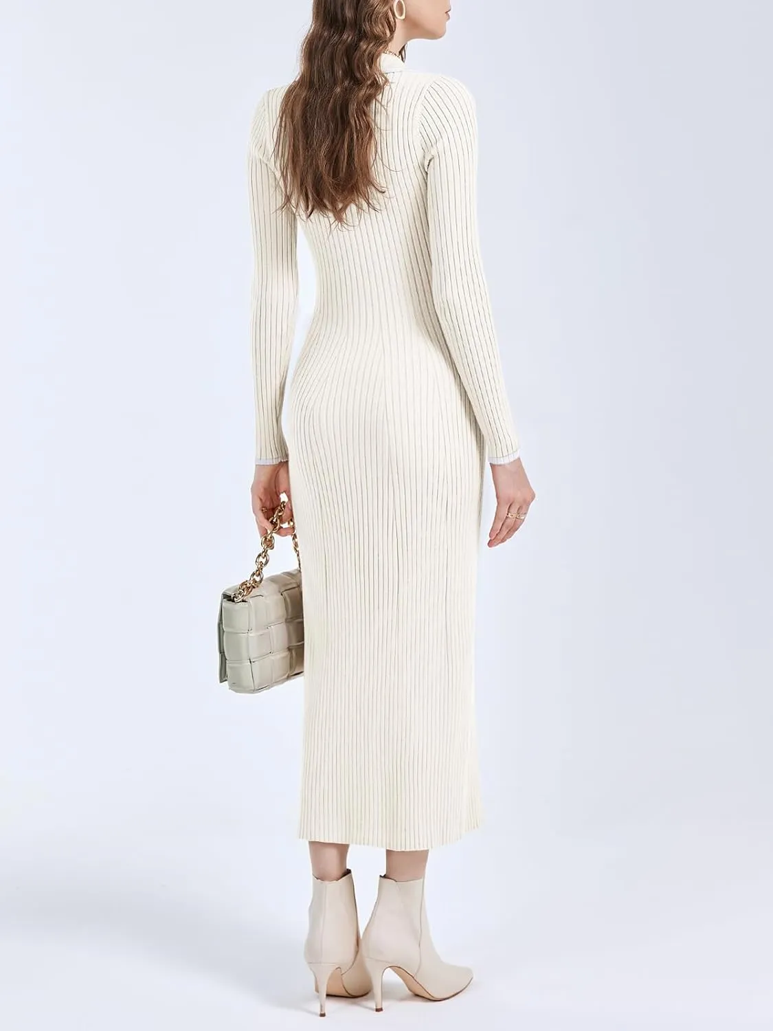 Langwyqu Womens Knit Long Sweater Dress Button V Neck Collared Long Sleeve Ribbed Bodycon Pullover 2024 Fall Maxi Dresses