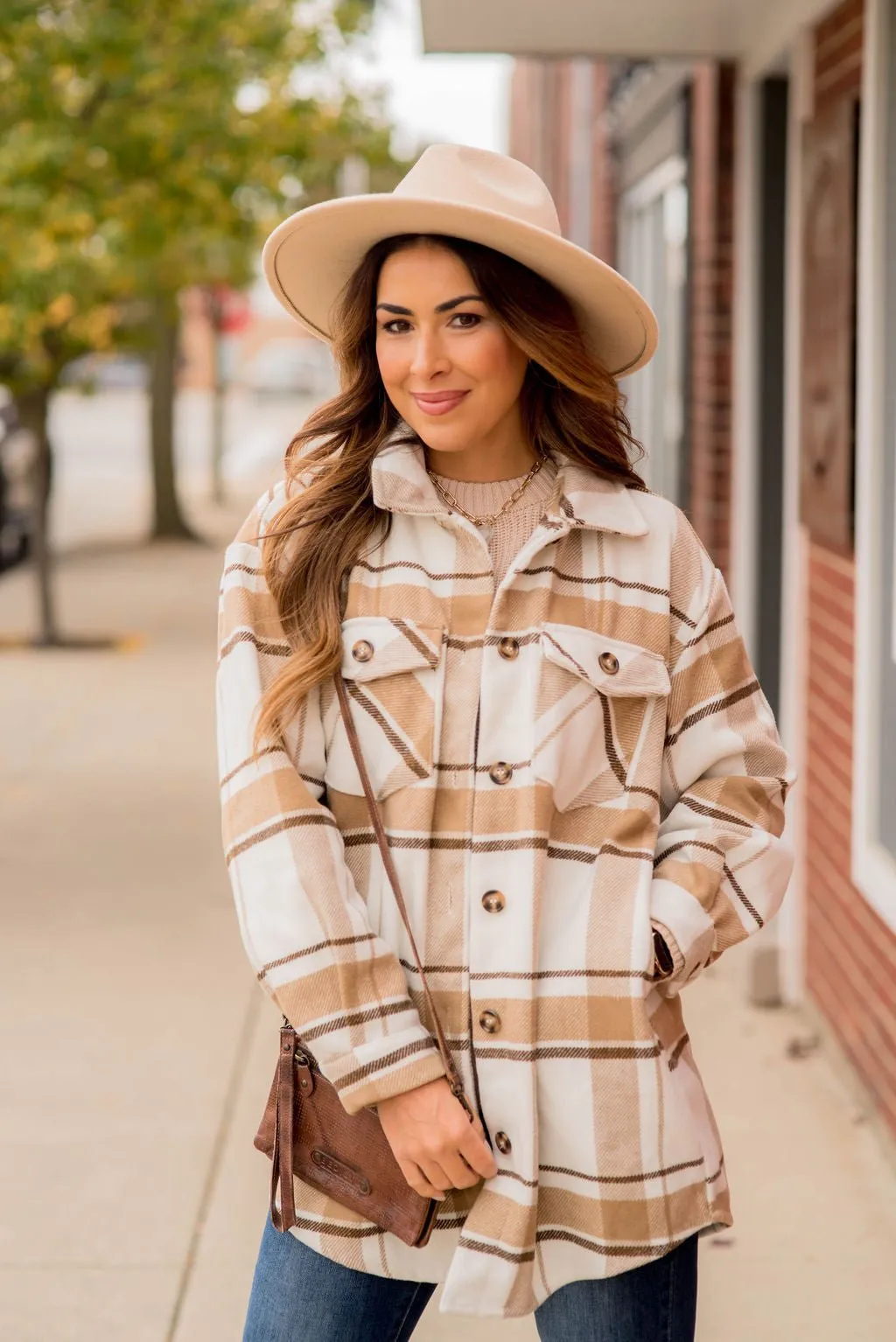 Large Button Plaid Print Pocket Shacket