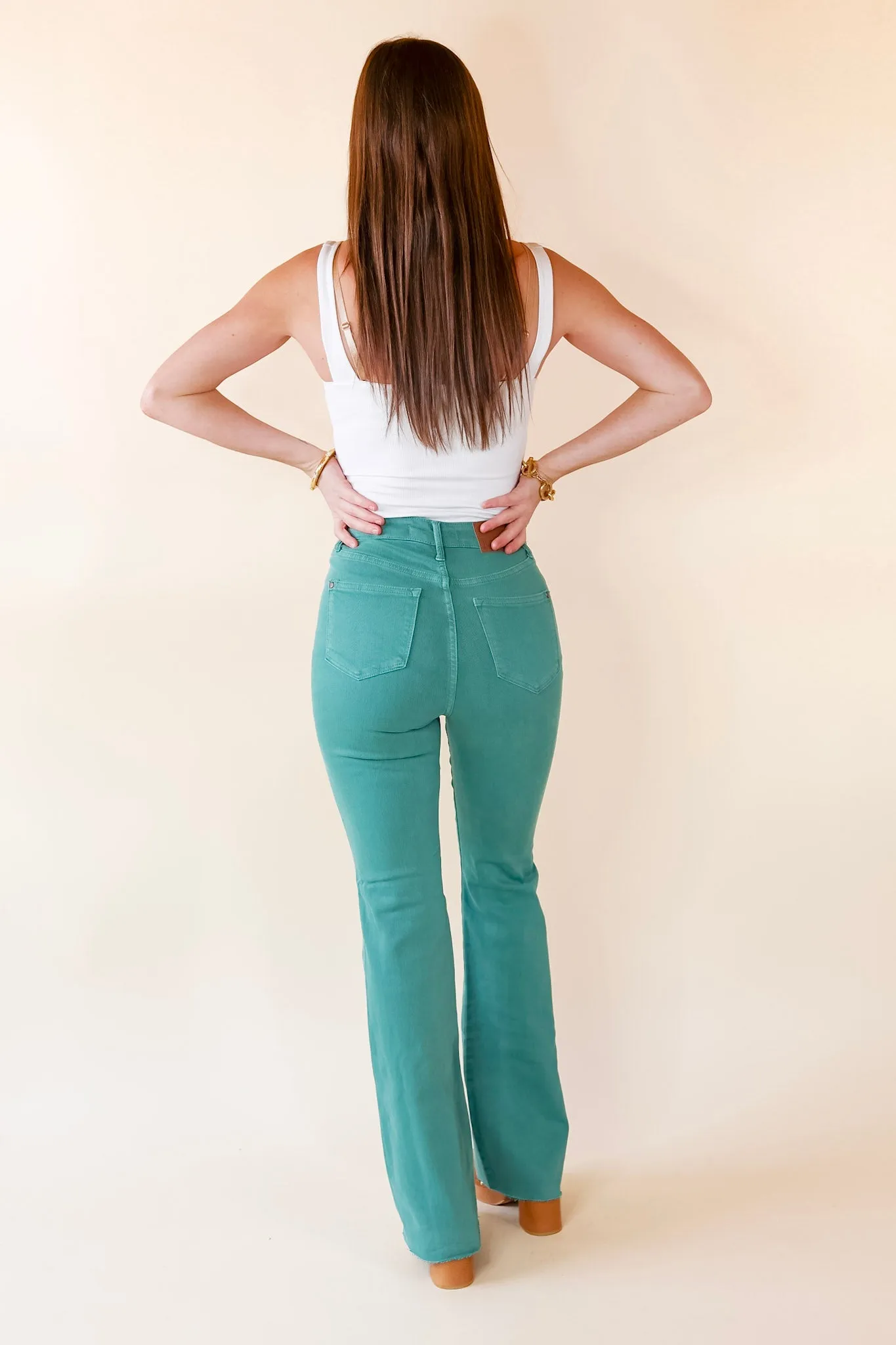 Last Chance Size 13, 15, 14W, 16W, 20W & 22W | Judy Blue | Manifest It Tummy Control Flare Jeans in Topaz Green