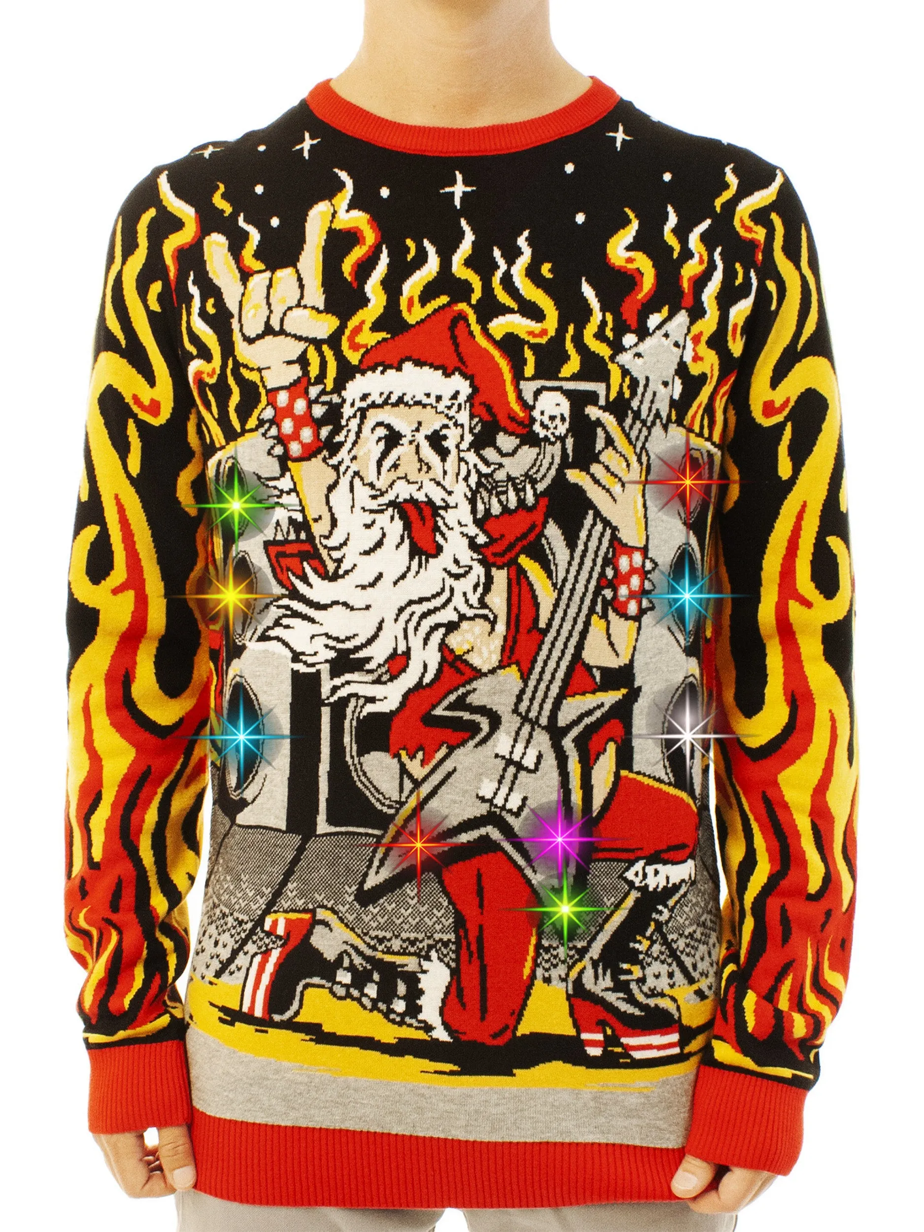 LIGHT UP- Heavy Metal Santa | Ugly Christmas Sweater For Men & Women | Unisex Sizing
