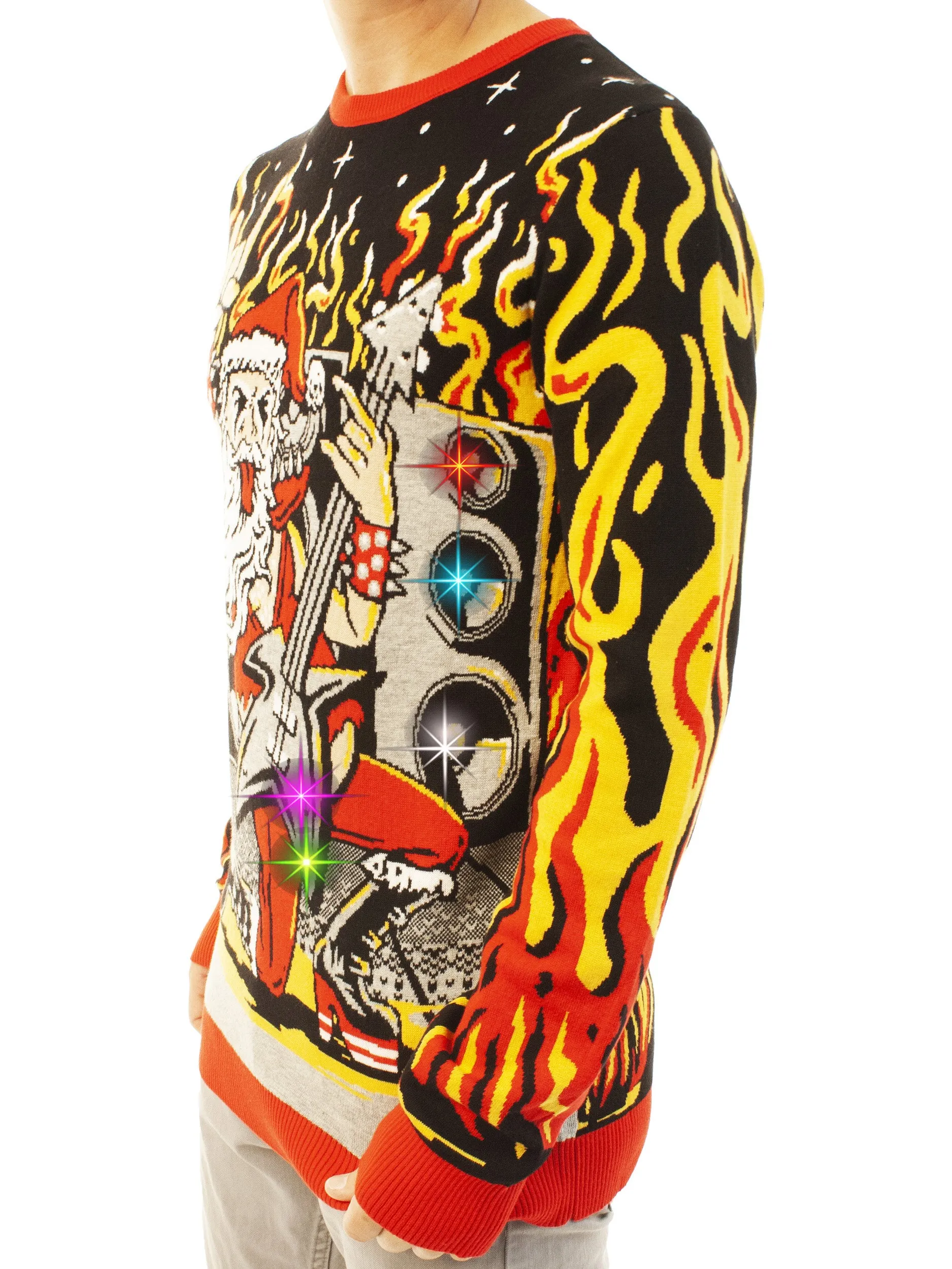 LIGHT UP- Heavy Metal Santa | Ugly Christmas Sweater For Men & Women | Unisex Sizing
