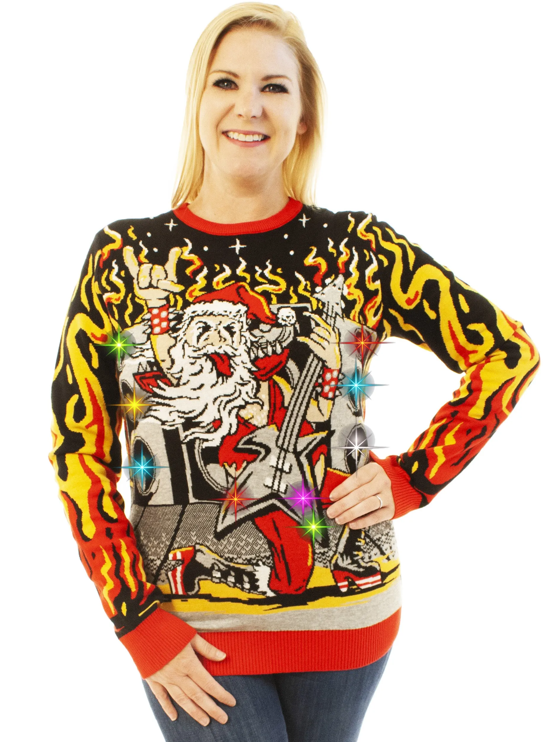 LIGHT UP- Heavy Metal Santa | Ugly Christmas Sweater For Men & Women | Unisex Sizing