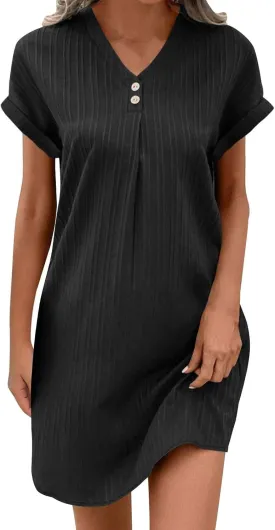 Linen Cotton Dress for Women Button V Neck Midi Dress Short Sleeve Dressy Casual Loose Fit Work T Shirt Dresses