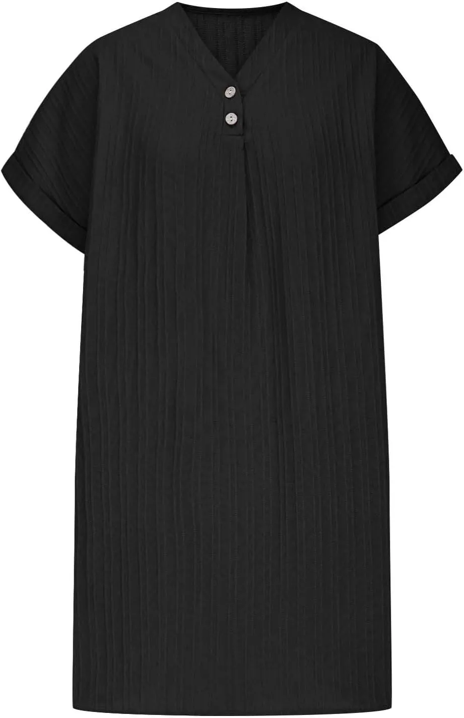 Linen Cotton Dress for Women Button V Neck Midi Dress Short Sleeve Dressy Casual Loose Fit Work T Shirt Dresses