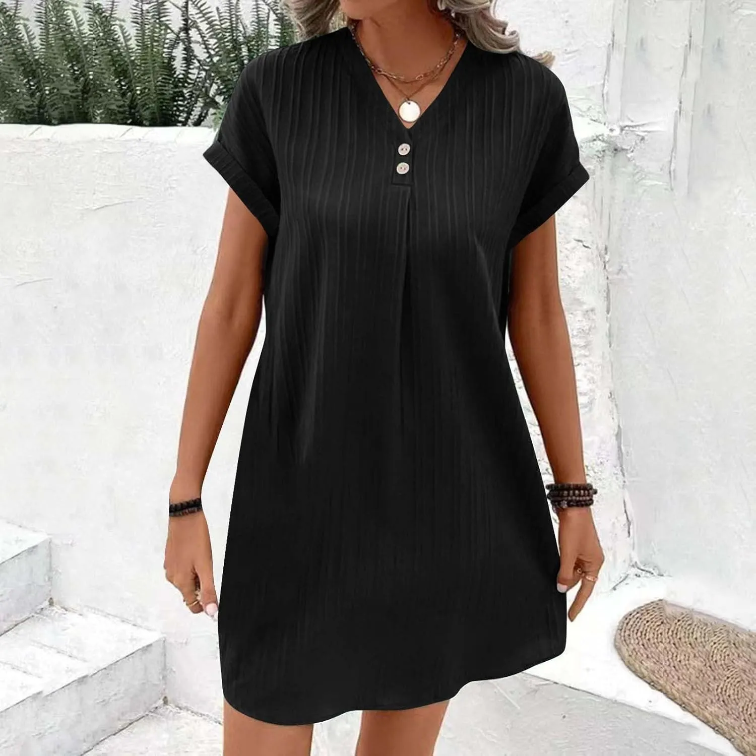 Linen Cotton Dress for Women Button V Neck Midi Dress Short Sleeve Dressy Casual Loose Fit Work T Shirt Dresses