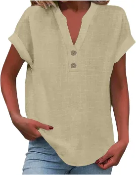 Linen Shirts for Women V Neck Button Down Blouse Short Sleeve Office Work Tops Vintage Vacation Tees Shirt Blouse Tops