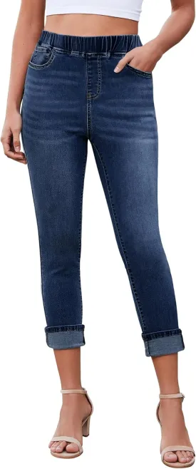 LookbookStore Capri Jeans for Women High Waisted Pull On Elastic Wasit Stretchy Denim Capris Jeggings Summer Jeans Pants