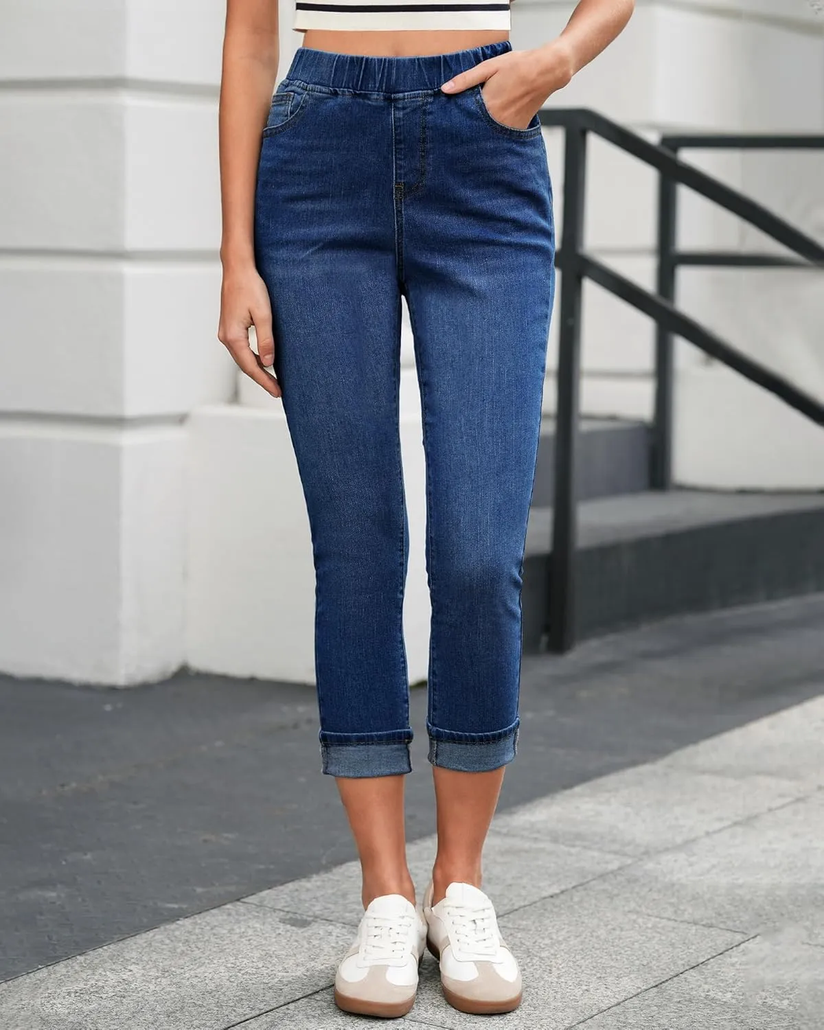 LookbookStore Capri Jeans for Women High Waisted Pull On Elastic Wasit Stretchy Denim Capris Jeggings Summer Jeans Pants