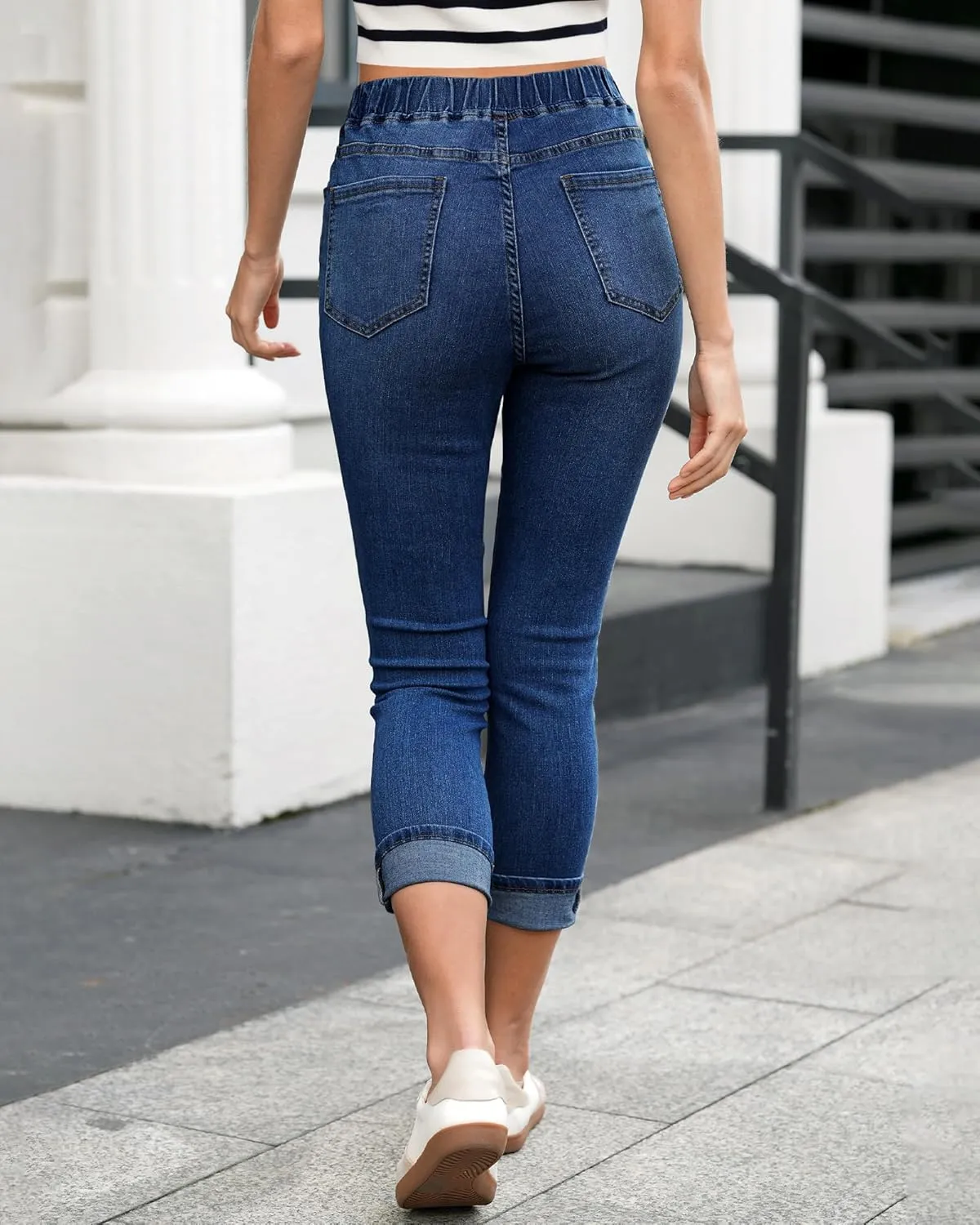 LookbookStore Capri Jeans for Women High Waisted Pull On Elastic Wasit Stretchy Denim Capris Jeggings Summer Jeans Pants