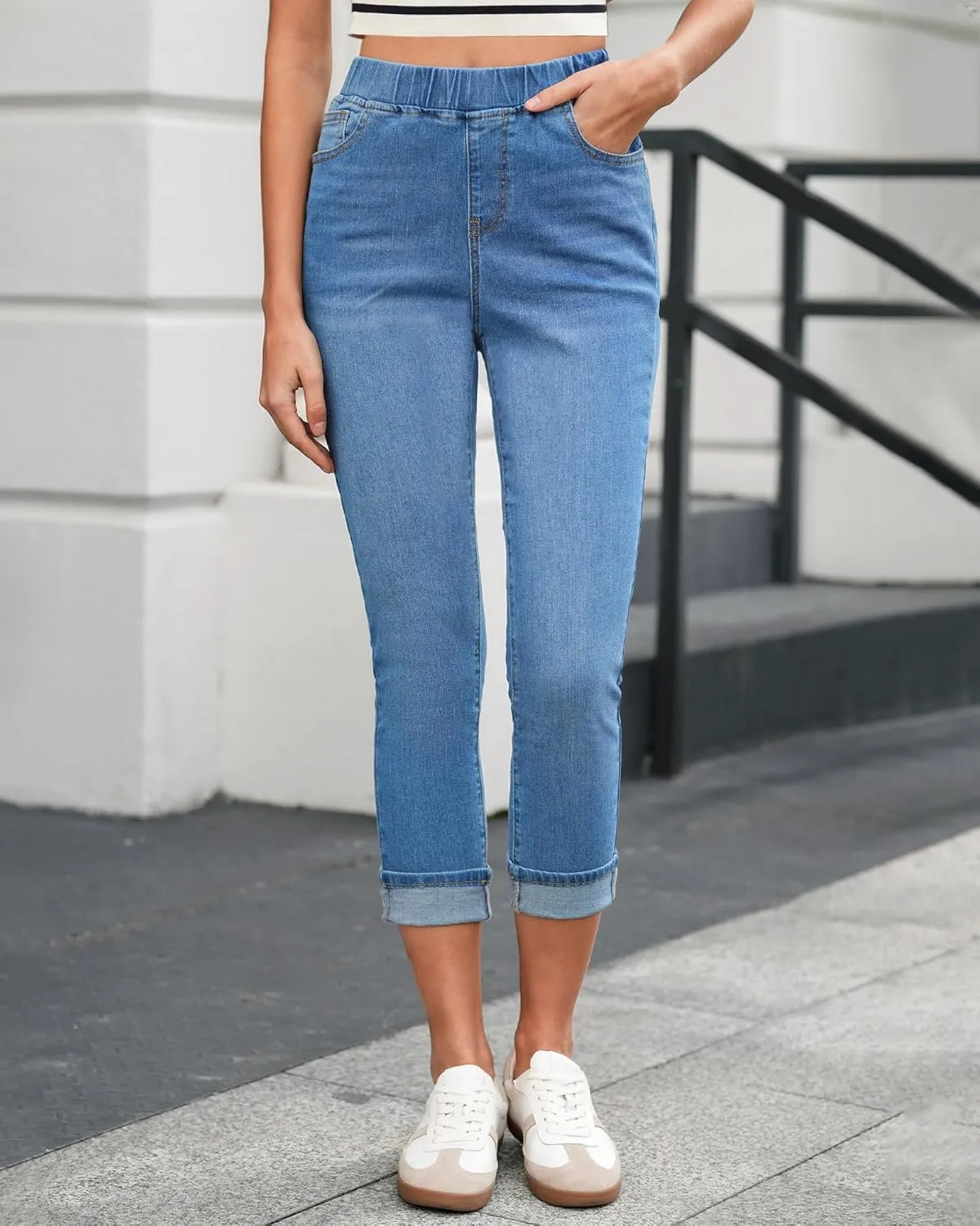 LookbookStore Capri Jeans for Women High Waisted Pull On Elastic Wasit Stretchy Denim Capris Jeggings Summer Jeans Pants