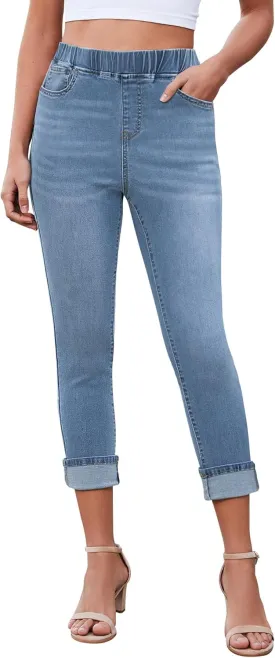 LookbookStore Capri Jeans for Women High Waisted Pull On Elastic Wasit Stretchy Denim Capris Jeggings Summer Jeans Pants