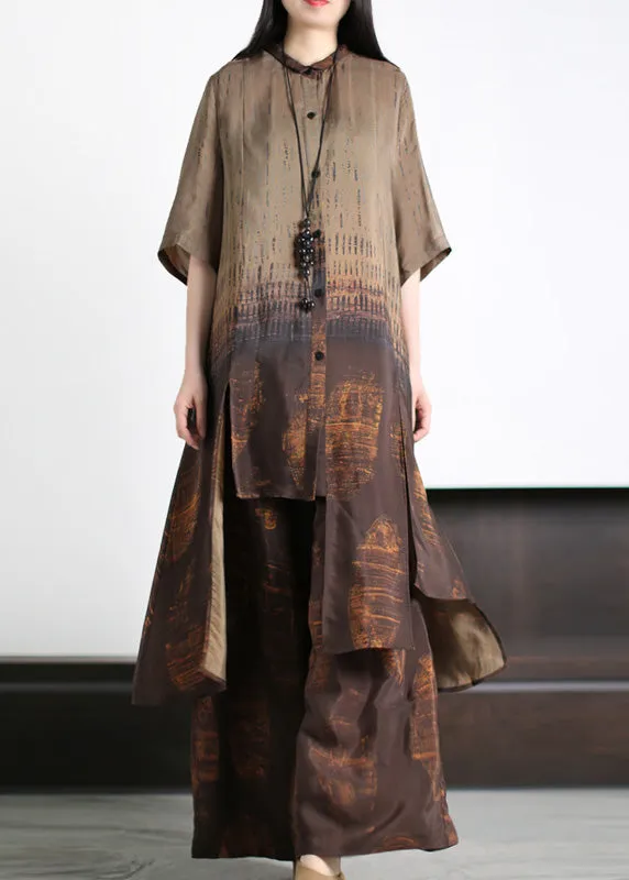 Loose Dark Blue Asymmetrical Patchwork Silk Long Shirts And Wide Leg Pants Two Piece Set Half Sleeve LY5135