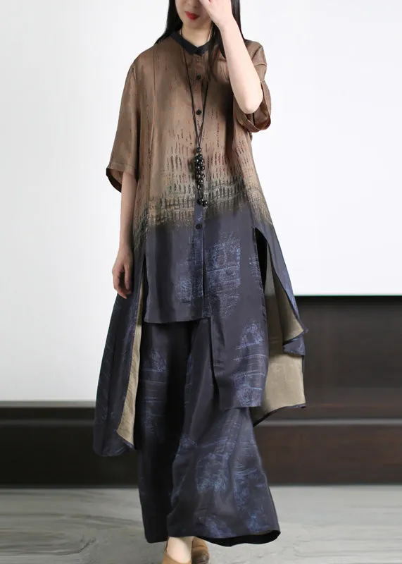 Loose Dark Blue Asymmetrical Patchwork Silk Long Shirts And Wide Leg Pants Two Piece Set Half Sleeve LY5135