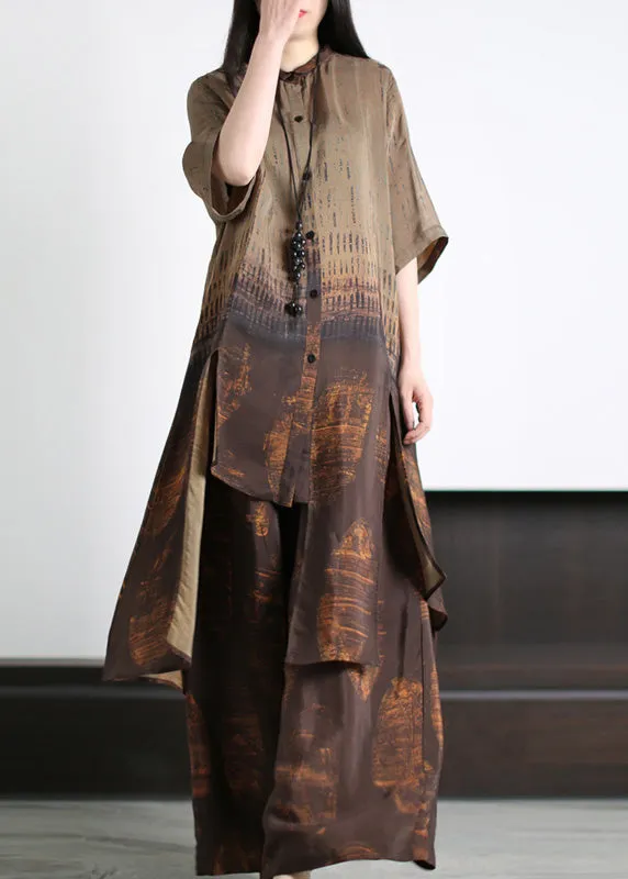Loose Dark Blue Asymmetrical Patchwork Silk Long Shirts And Wide Leg Pants Two Piece Set Half Sleeve LY5135