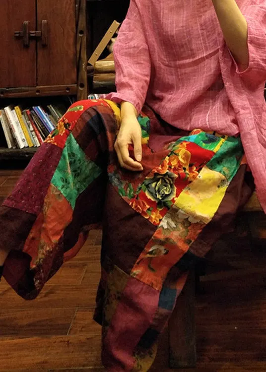 Loose Print Elastic Waist Linen Wide Leg Pants Summer LY4653