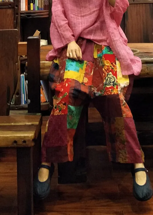 Loose Print Elastic Waist Linen Wide Leg Pants Summer LY4653
