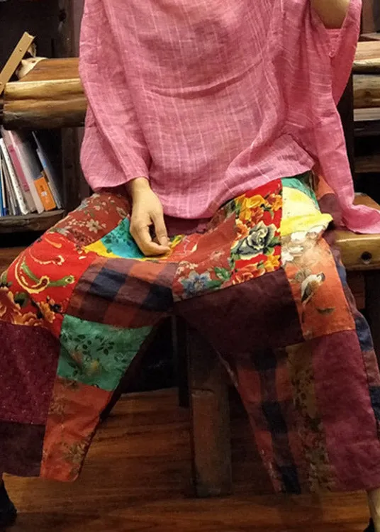 Loose Print Elastic Waist Linen Wide Leg Pants Summer LY4653