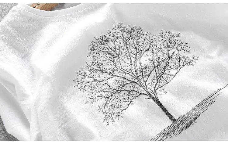 Luxury Linen Embroidered Tree T-Shirt