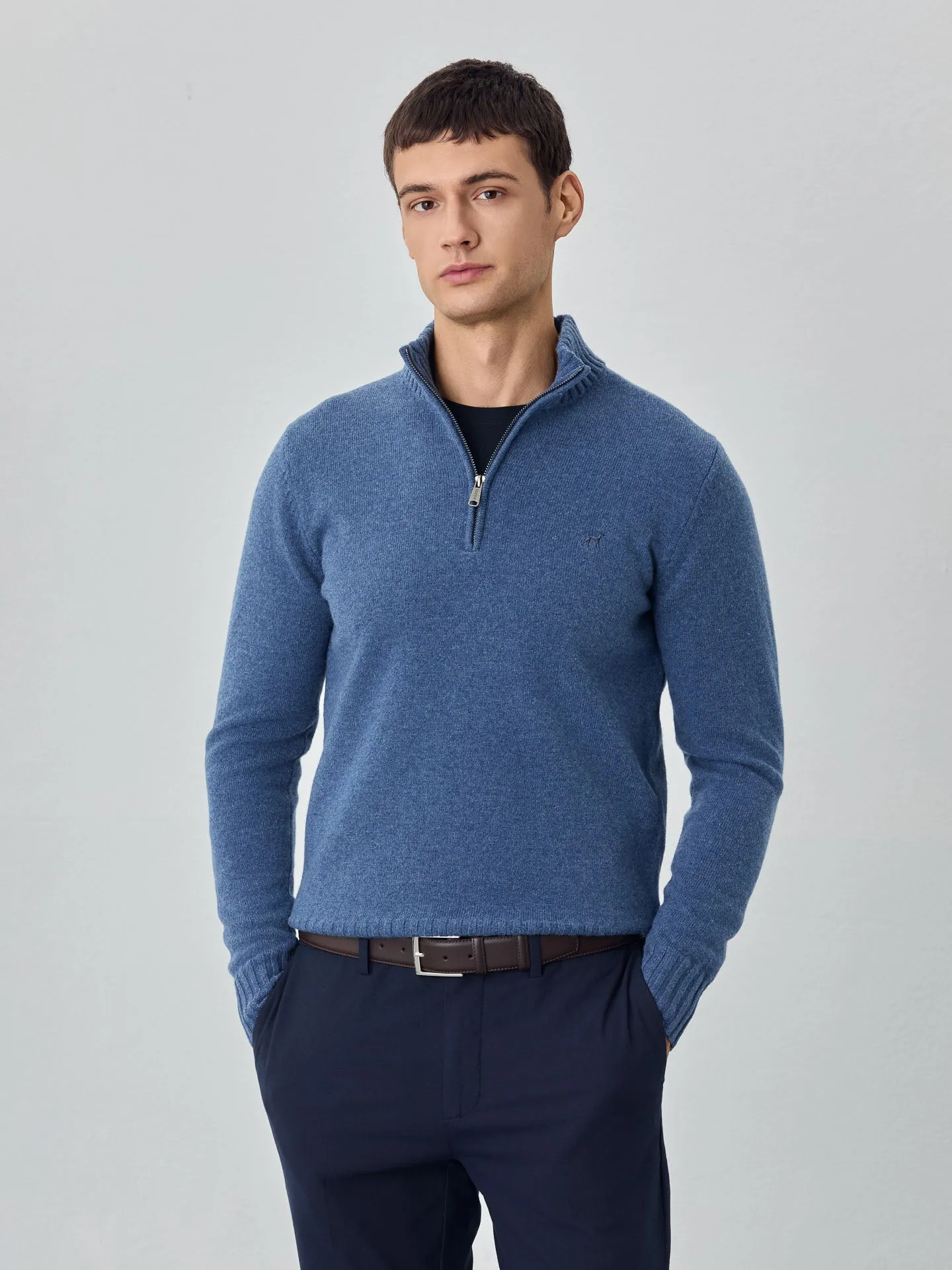 Machine Washable Half-Zip Sweater With Long Sleeves In Lambswool