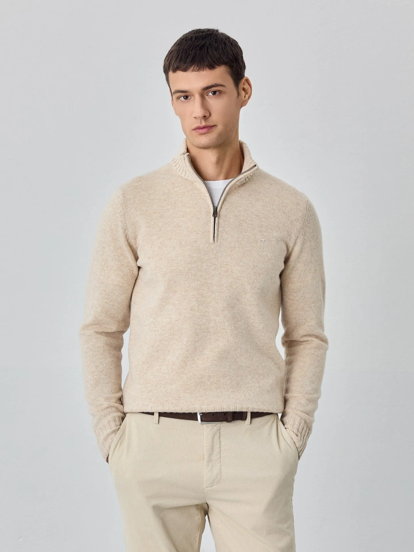 Machine Washable Half-Zip Sweater With Long Sleeves In Lambswool