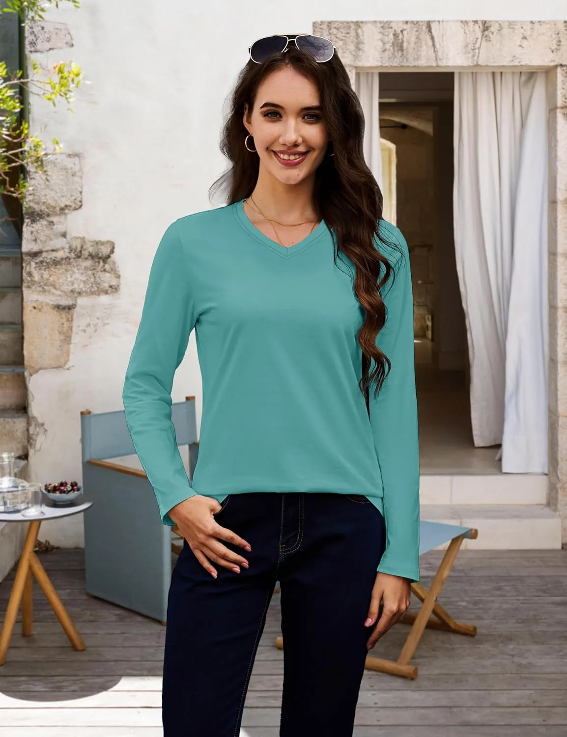 MAGCOMSEN Women's Long Sleeve Shirts V Neck Cotton Basic Tee Soft Breathable Casual Tops Cassic-Fit T-Shirt