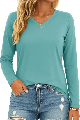 MAGCOMSEN Women's Long Sleeve Shirts V Neck Cotton Basic Tee Soft Breathable Casual Tops Cassic-Fit T-Shirt