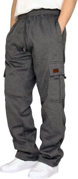 Mens Fleece Sweatpants Heavyweight Baggy Elastic Waist Joggers Fall Winter Drawstring Wide Leg Cargo Pants Pockets