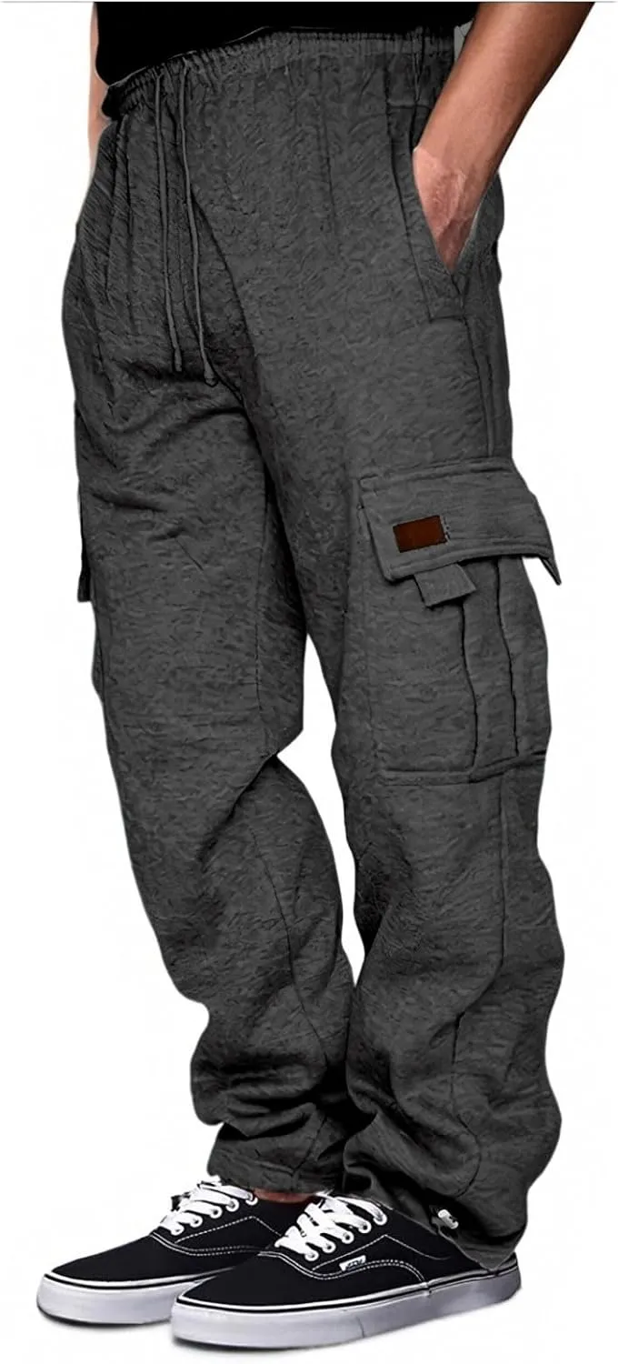 Mens Fleece Sweatpants Heavyweight Baggy Elastic Waist Joggers Fall Winter Drawstring Wide Leg Cargo Pants Pockets