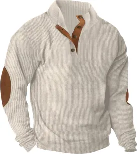Mens Sweatshirt Corduroy Tactical Henley Shirts Long Sleeve Elbow Patch Draped Pullover Casual Stand Collar Slim Shirt