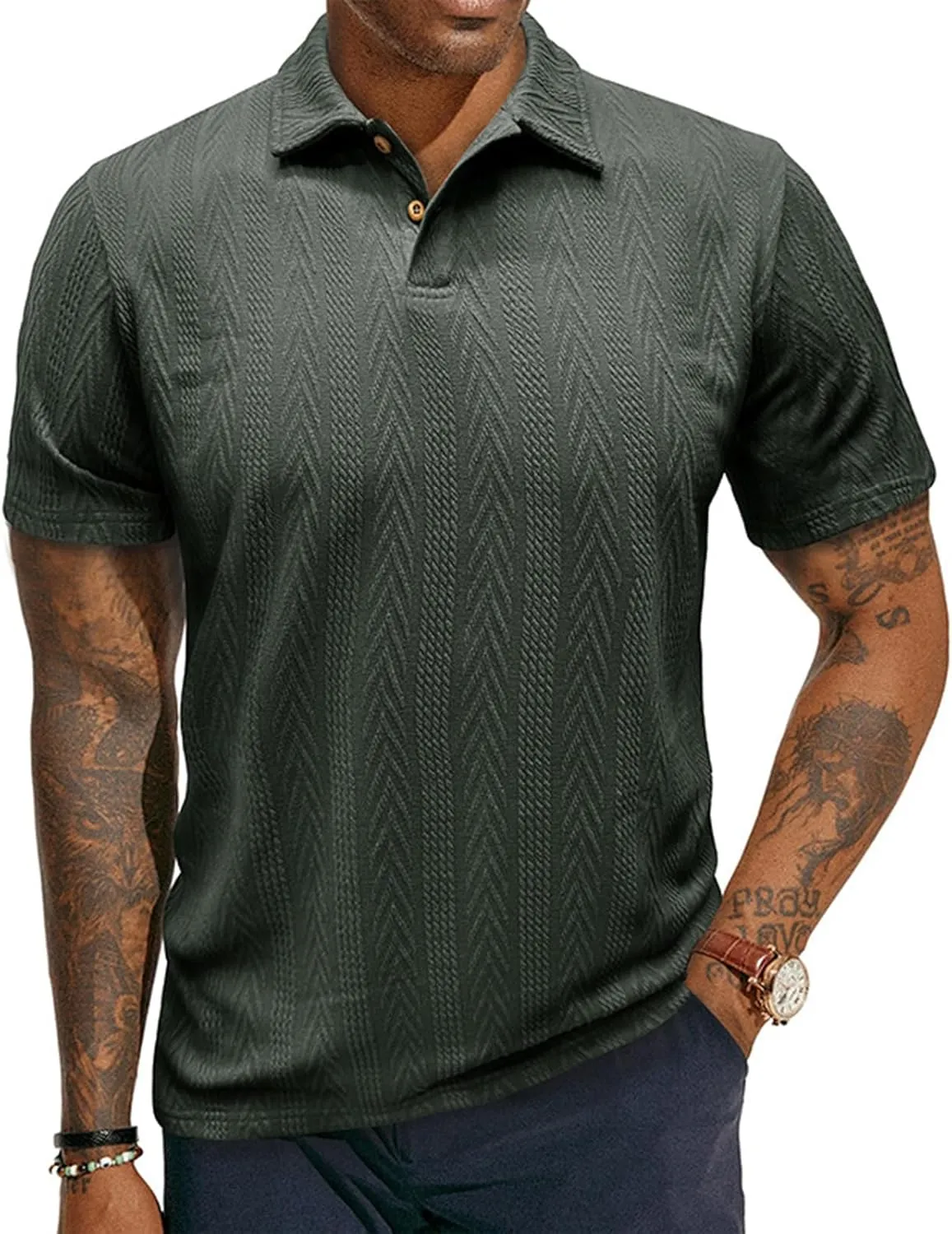 Men's Textured Knit Polo Shirt Short Sleeve Casual Golf Shirt Summer Vacation Button Beach Knit Collared Tops