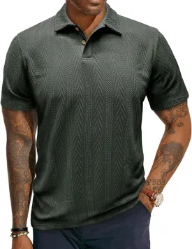 Men's Textured Knit Polo Shirt Short Sleeve Casual Golf Shirt Summer Vacation Button Beach Knit Collared Tops