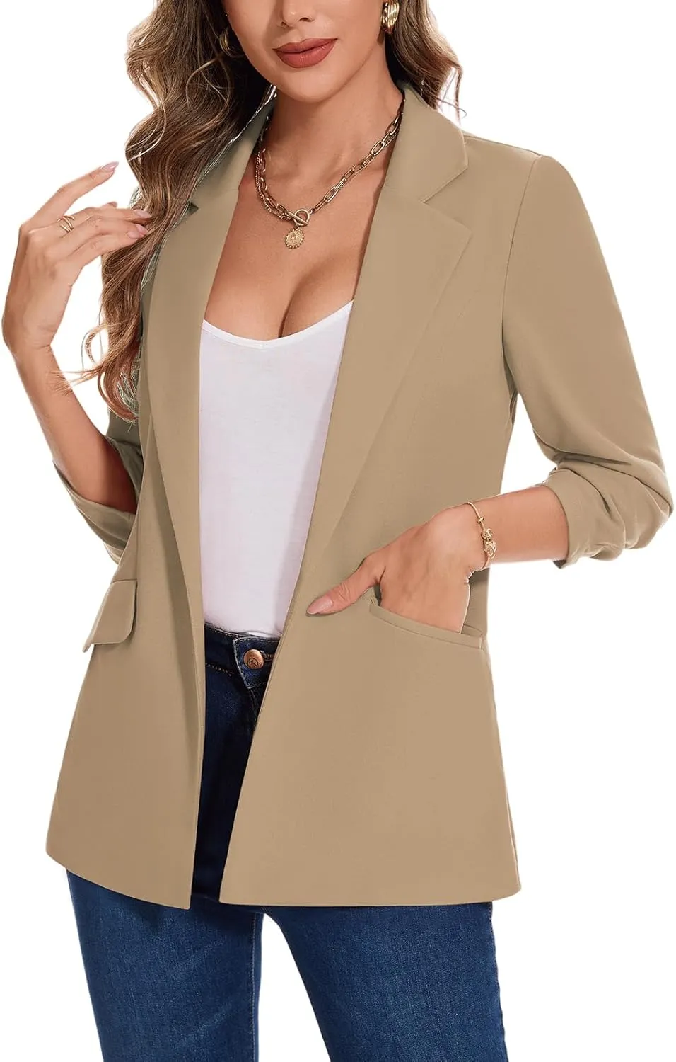 MINTLIMIT Blazer for Women Open Front 3/4 Ruched Sleeve Suit Jacket Notched Collar Casual Work Office Blazers with Pockets