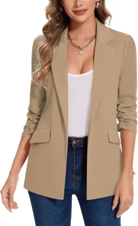 MINTLIMIT Blazer for Women Open Front 3/4 Ruched Sleeve Suit Jacket Notched Collar Casual Work Office Blazers with Pockets