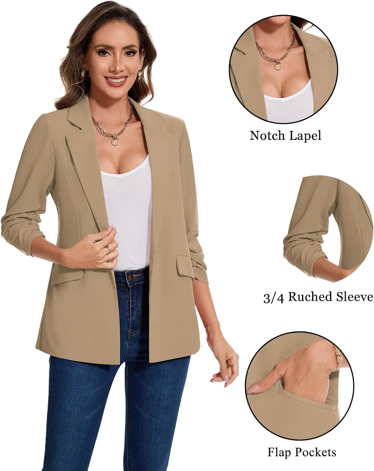 MINTLIMIT Blazer for Women Open Front 3/4 Ruched Sleeve Suit Jacket Notched Collar Casual Work Office Blazers with Pockets