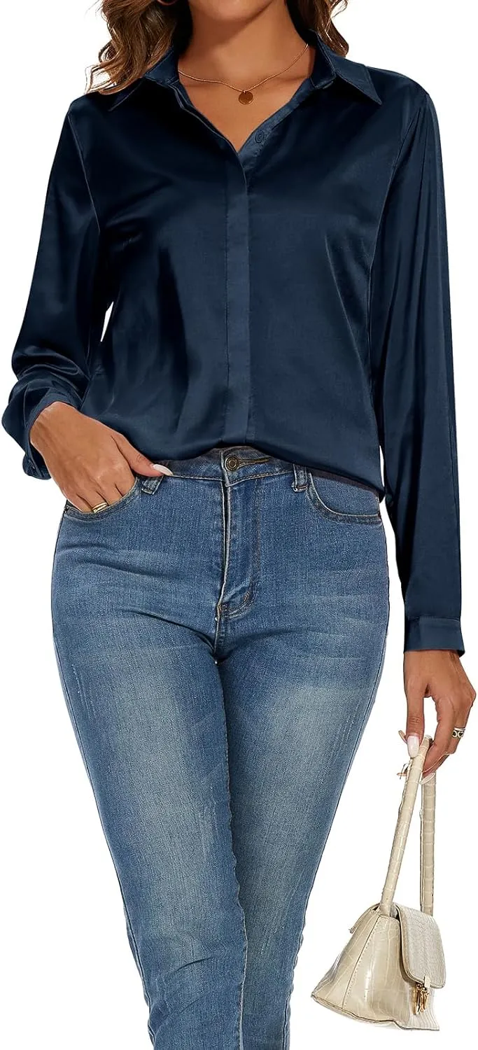 Miqieer Women's Silk Blouse Long Sleeve Lady Shirt Casual Office Work Blouse Shirt Tops
