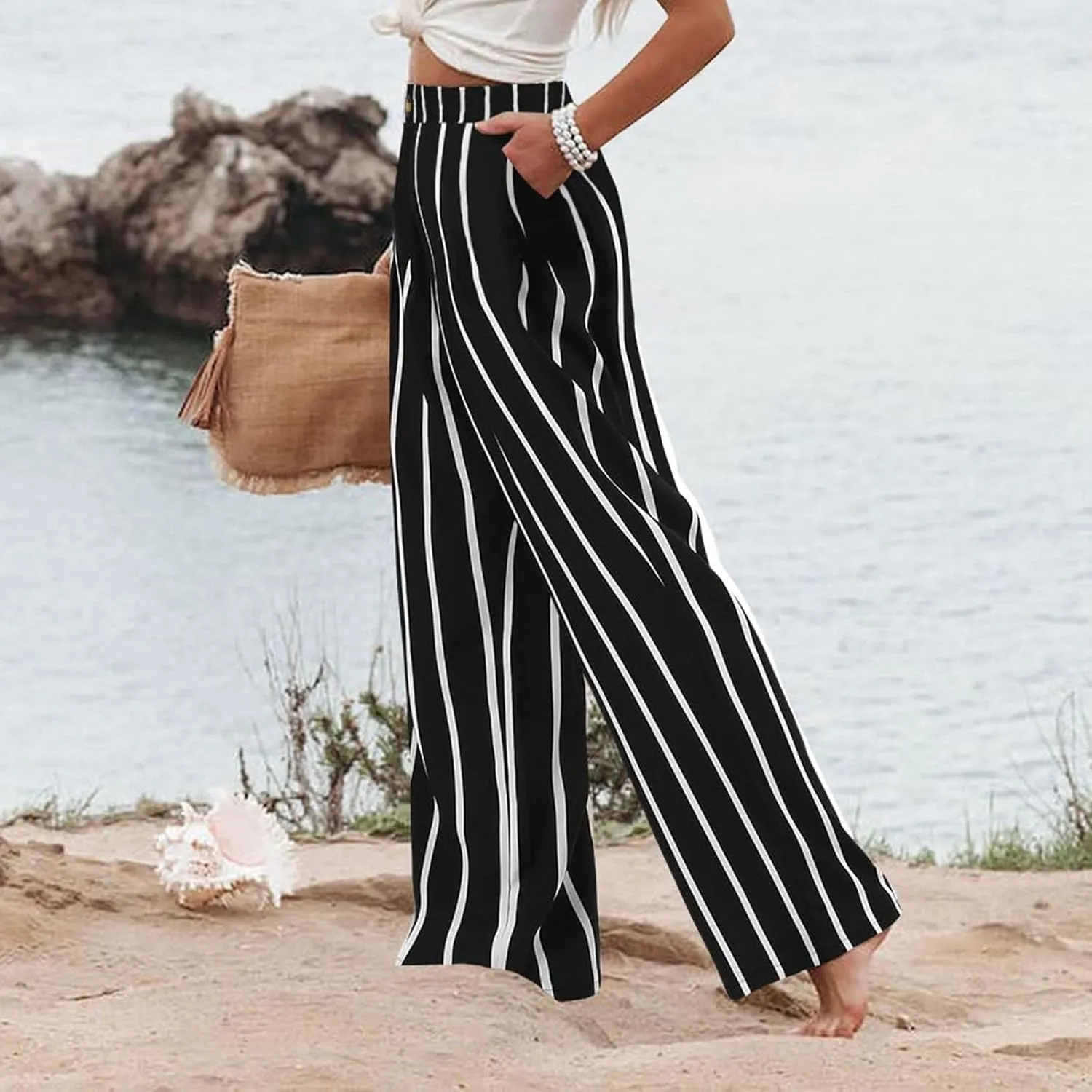 Mmoneyake Wide Leg Pants for Women High Waist Long Palazzo Pants Button Down Loose Business Work Office Trousers with Pockets
