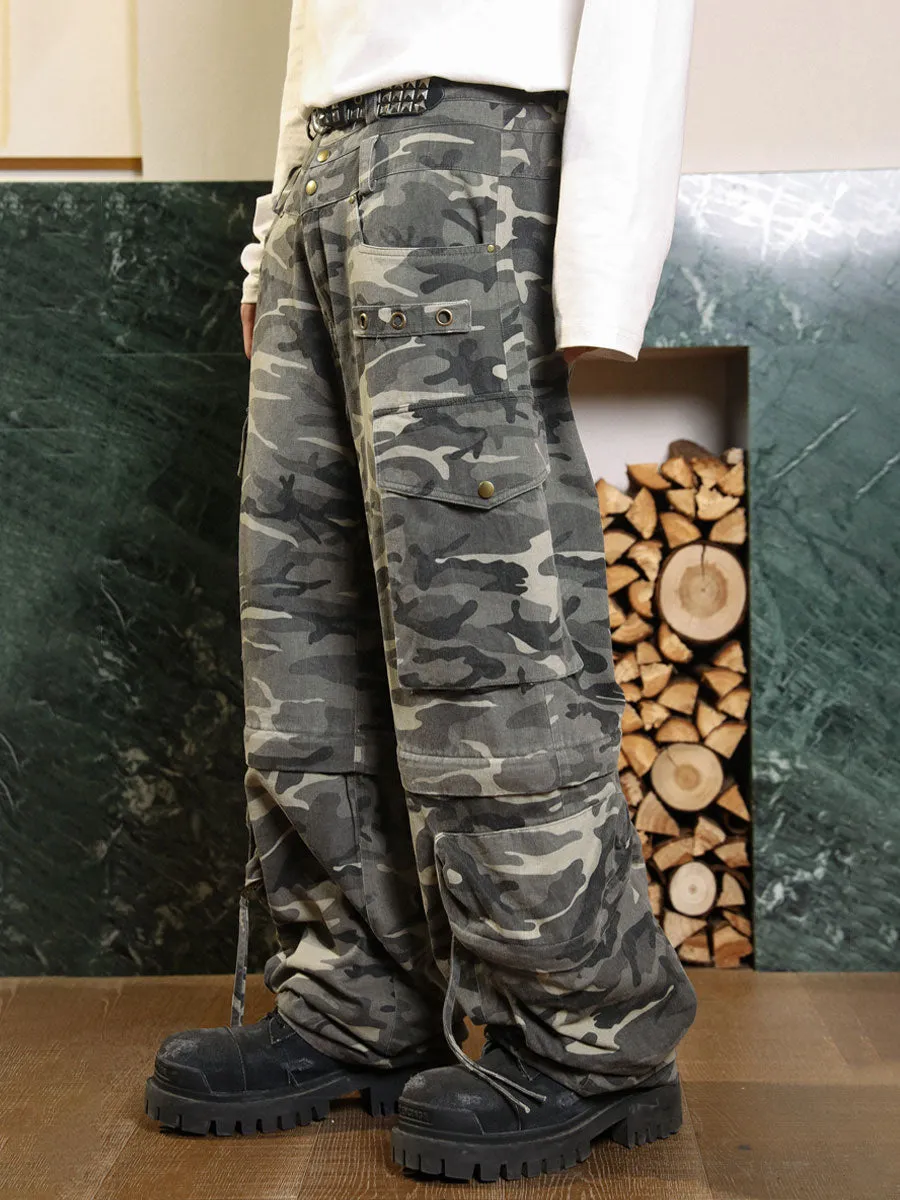 Multi-pocket wide leg loose pants