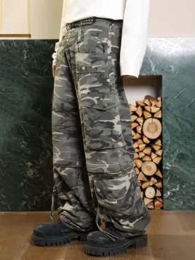 Multi-pocket wide leg loose pants