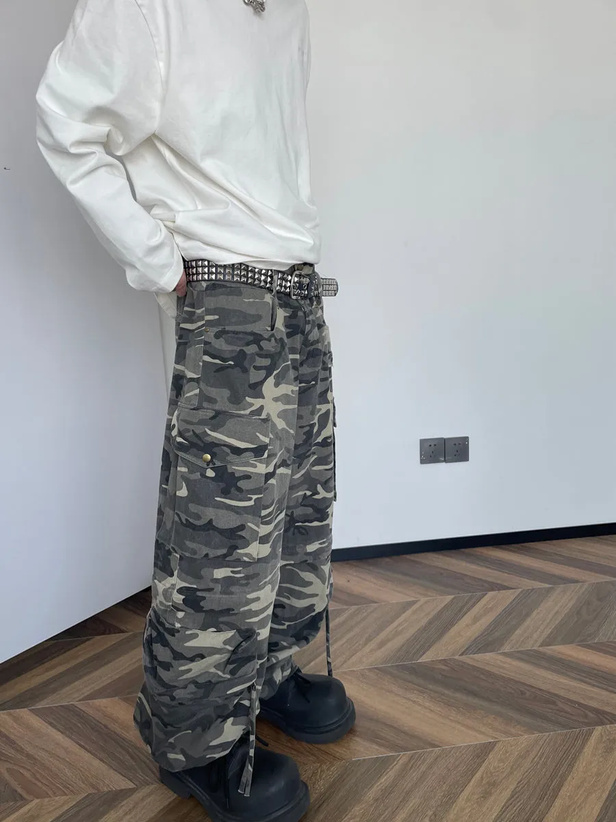 Multi-pocket wide leg loose pants