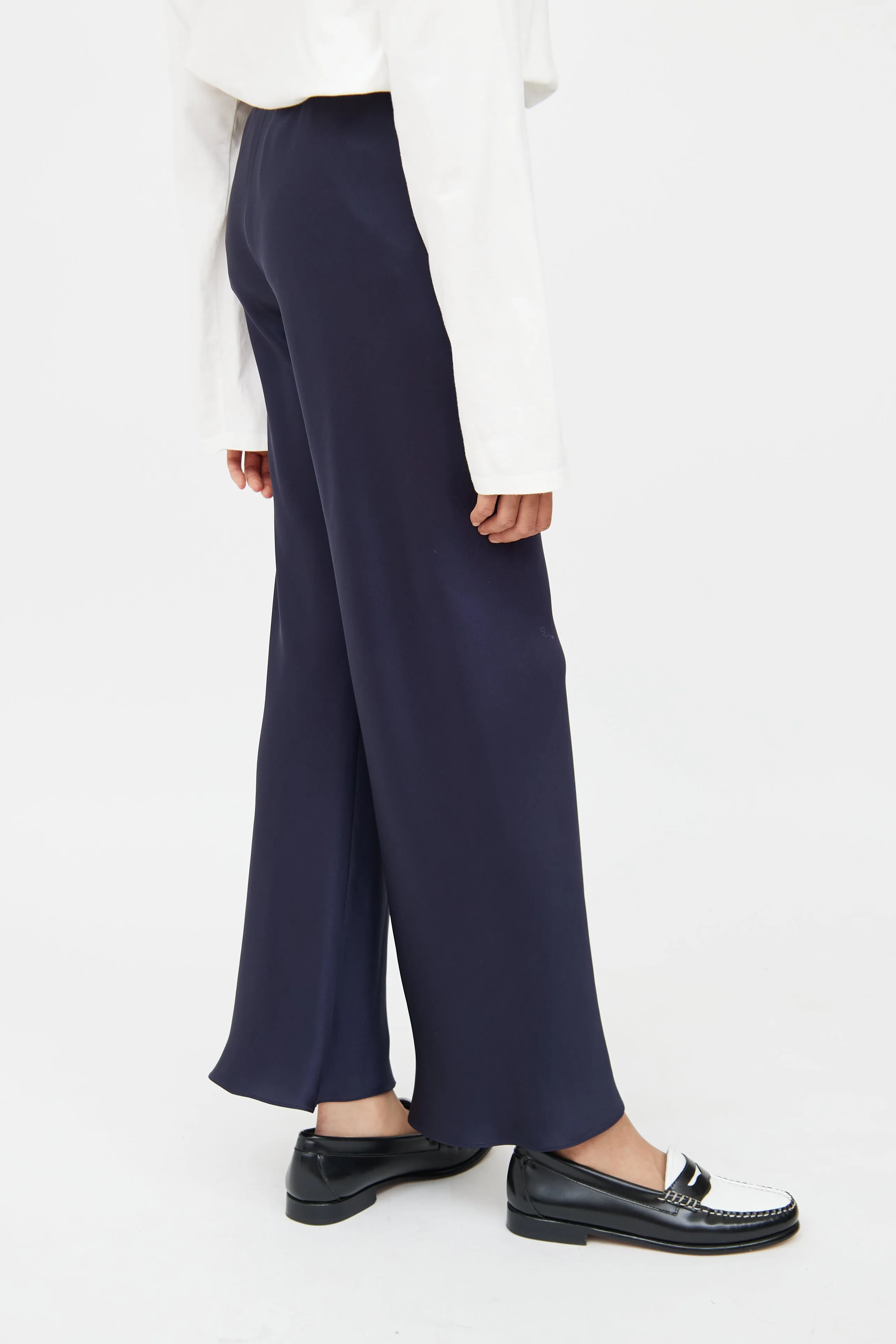 Navy Silk Wide Leg Pant