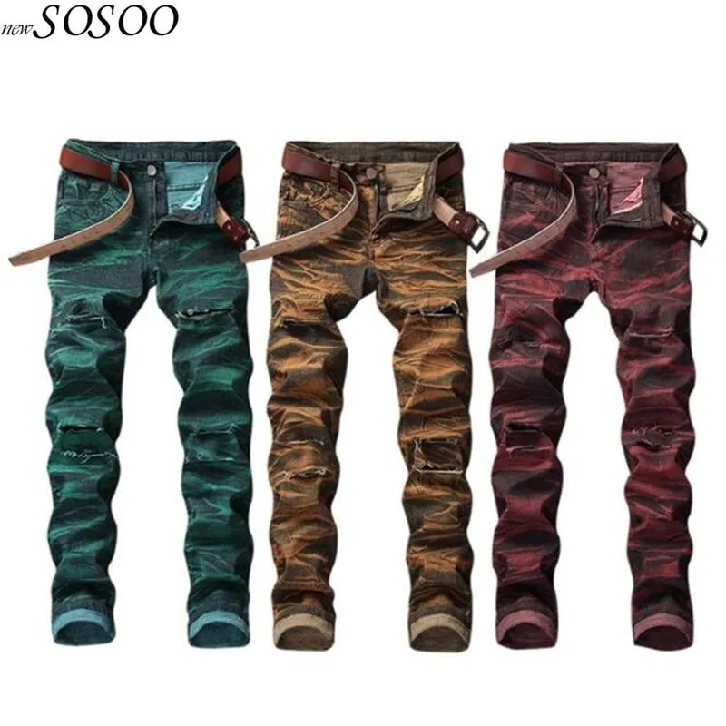 New man jeans ripped jeans for men Color printing design creative personality European and American style jeans men #808