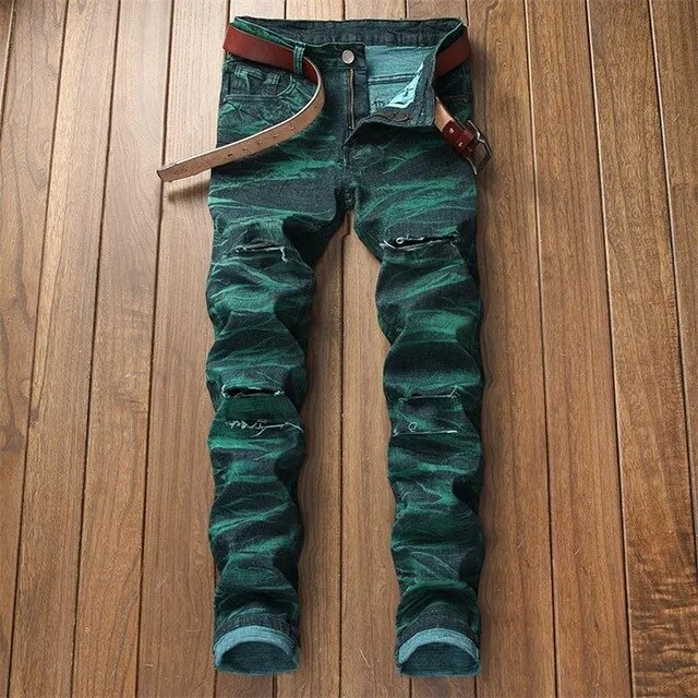 New man jeans ripped jeans for men Color printing design creative personality European and American style jeans men #808