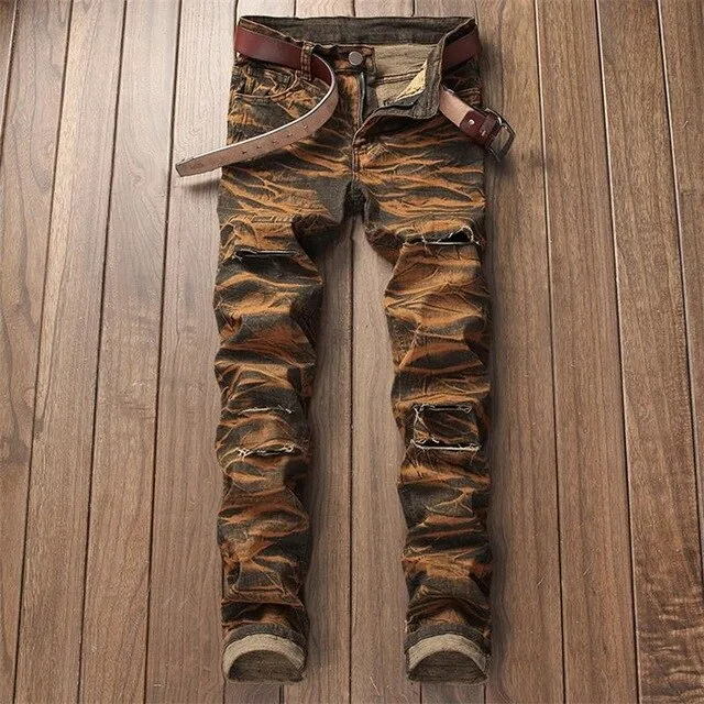 New man jeans ripped jeans for men Color printing design creative personality European and American style jeans men #808
