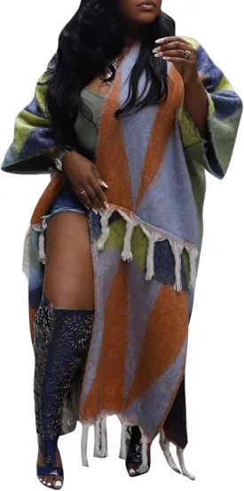NRTHYE Women's Tassel Sweater Cardigan Open Front Fringe Colorful Long Cardigan Poncho Wrap Sweater