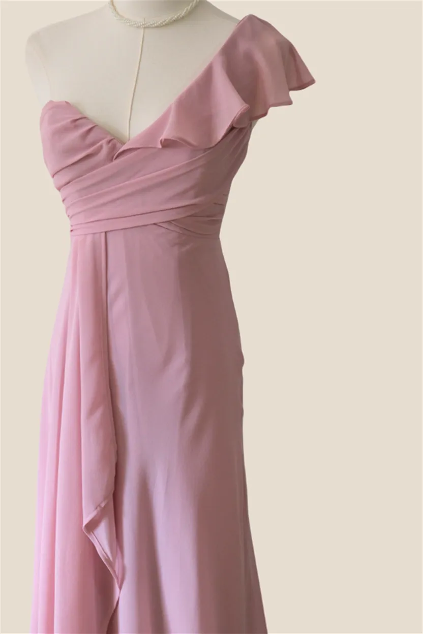 One Shoulder Dusty Pink Ruffle Bridesmaid Dress