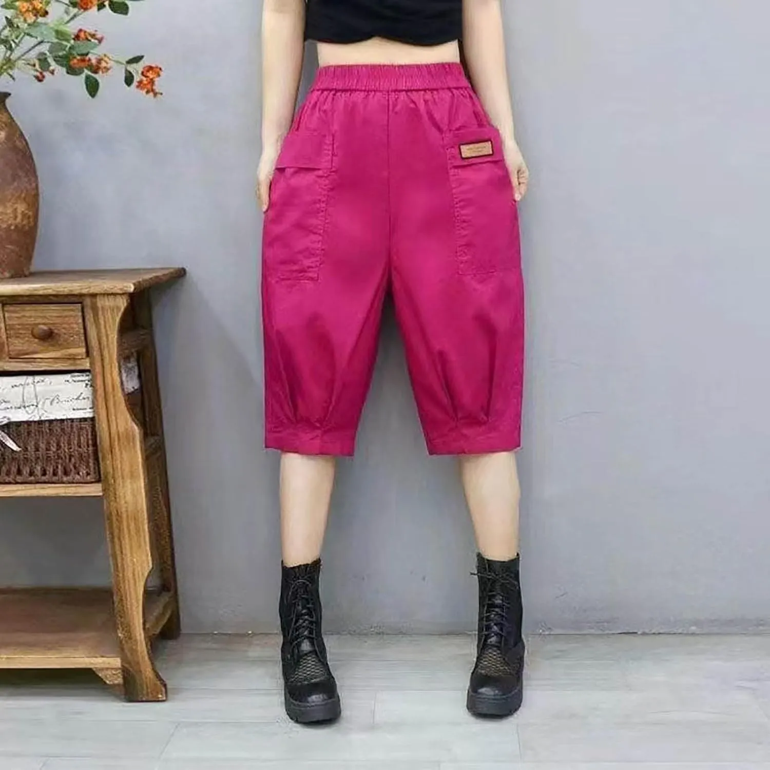 Oplxuo Women's Summer Capri Pants Cotton Shorts Utility Lightweight Thin Casual Loose Bermuda Crooped Pants with Pockets