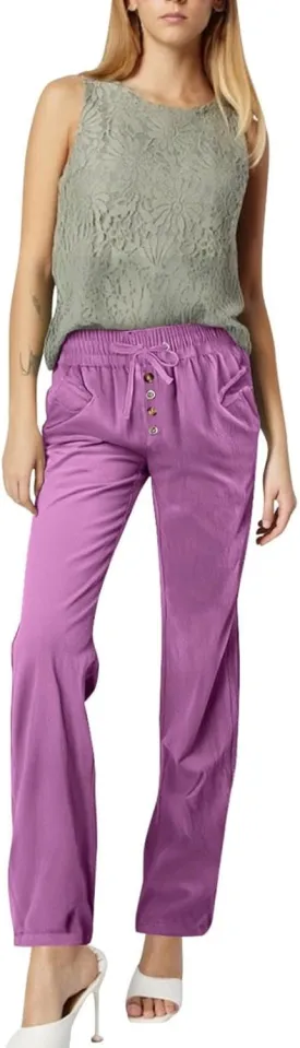 Pants for Womens Plus Size Summer Lounge Straight Leg Lace-Up Stretch Waisted Solid Color Loose Casual Trousers